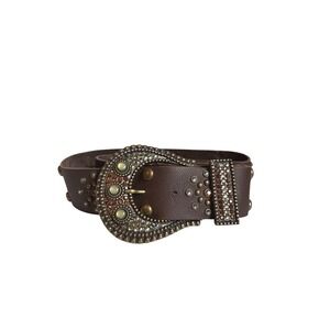 Vintage LEATHERROCK USA Brown Leather Western Rhinestone Belt Boho 41" L, SZ M/L